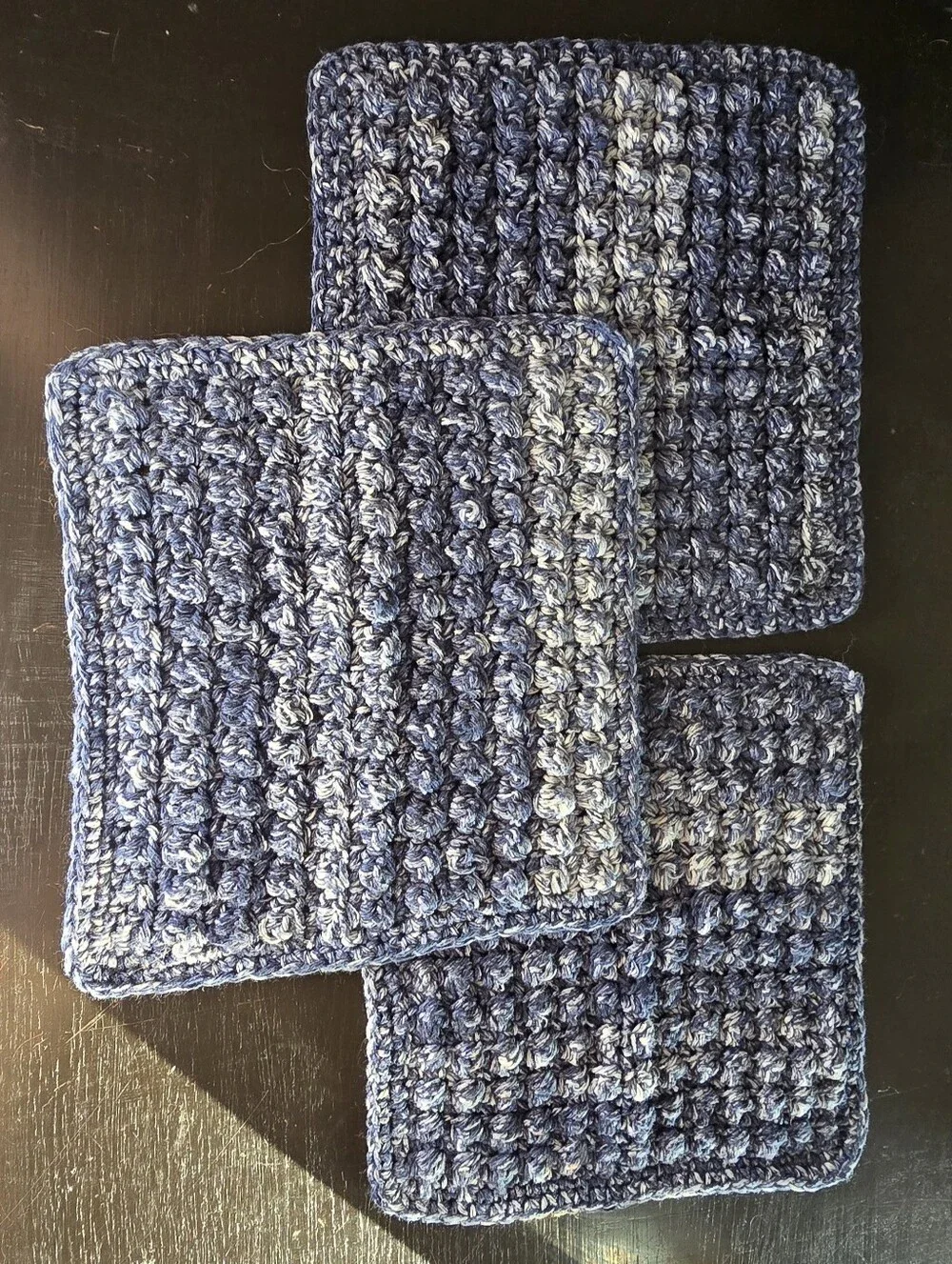 Handcrafted Textured Crochet Dishcloth Set 8x8 Eco-Friendly Cotton Blue Ombre